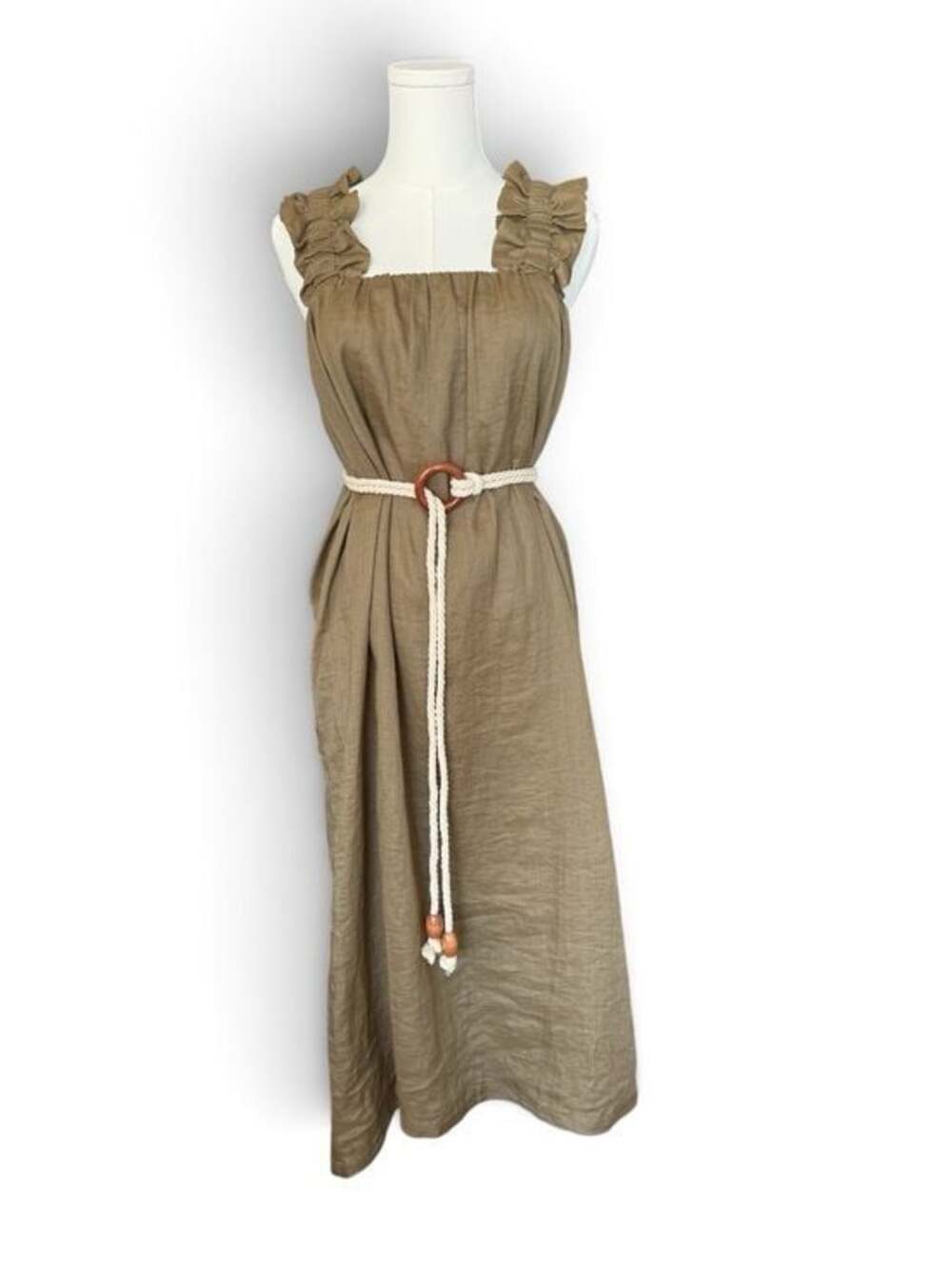 FRAME - Ruffle Strap Midi Dress in Olive - Sz S